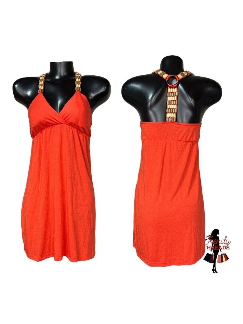 116 Vintage 90s Boho Summer Mini Dress SMALL Wood Bead T-Back Orange Brown Retro